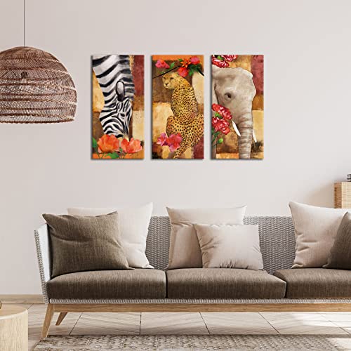 Saypeacher 3 Pieces Abstract African Animals Canvas Wall Art Elephant Zebra Leopard With Flower Painting Print For Bedroom Home Living Room Decor Stretched And Framed Ready To Hang 12X24Inchx3Pcs #TOP1
