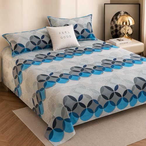 Image of Cotton Feel King Size Flat Bedsheet for Double Bed (90 x 100 Inches | 230 x 250 cm) with 2 Pillow Covers | Soft & Smooth Printed Bedsheet for Daily Use (Blue&Grey, King Bed-90x100)