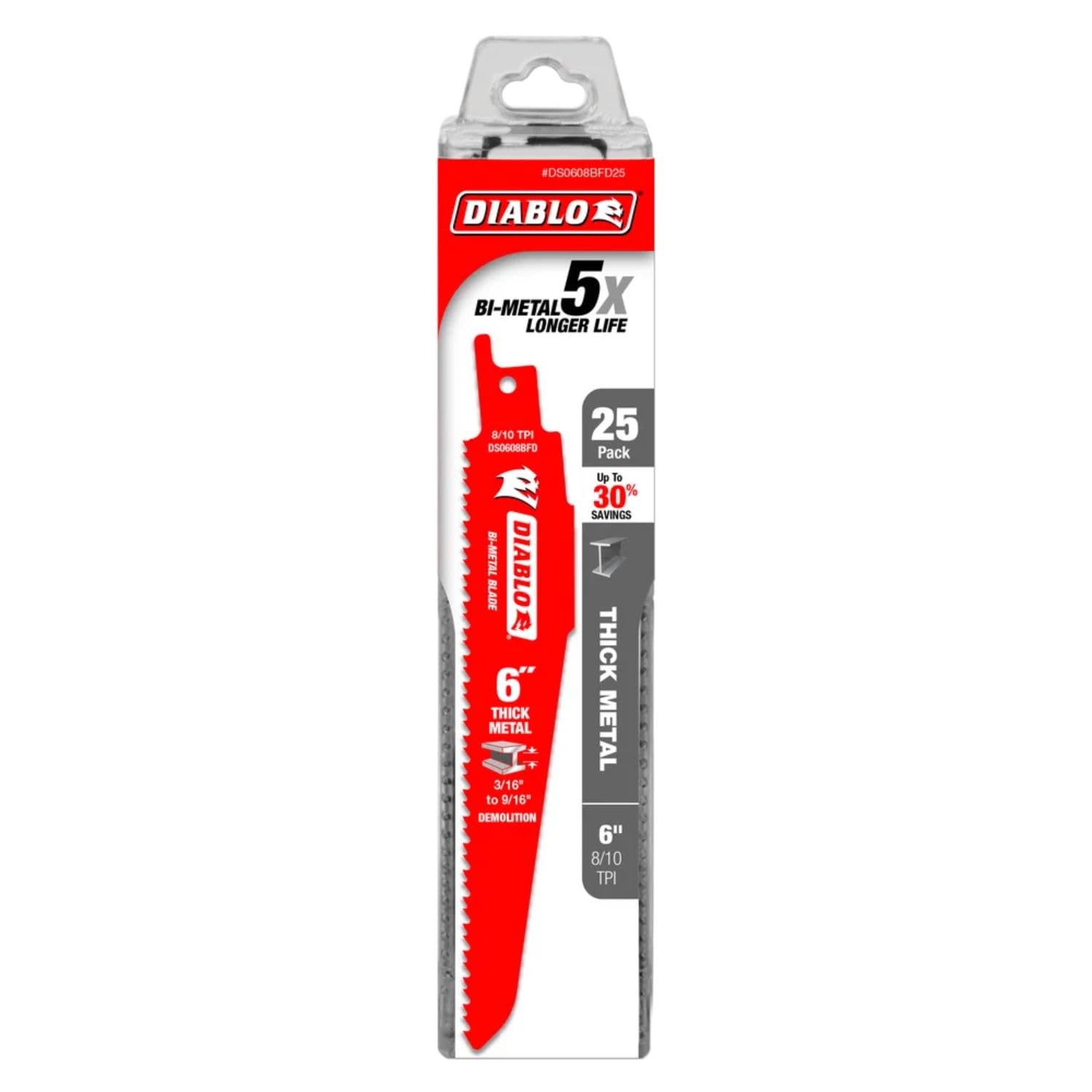 Diablo Bi-Metal Reciprocating Blades with Perma-Shield Coating for Thick Metal - 6" Length, Dual Tooth Design, 8/10 TPI, 25-Pack - DS0608BFD25