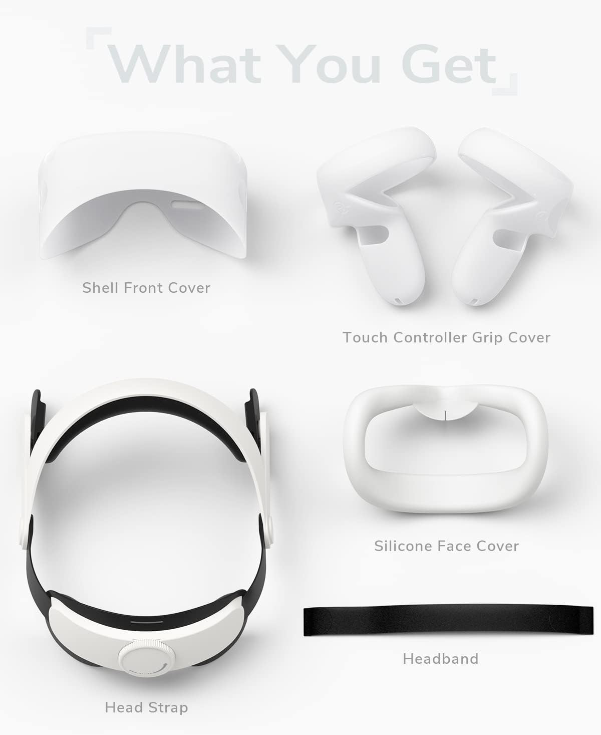 VR Accessory Set Compatible with Quest 2 Accessories Protective Cover, Adjustable Head Strap, Controller Grip Cover, Silicone Face Cover, VR Shell Cover(White)