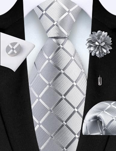 Image of GUSLESON 3.15 inch(8cm) Mens Tie and Lapel Pin Plaid Checkered Necktie Hankerchief Cufflinks Set for Men