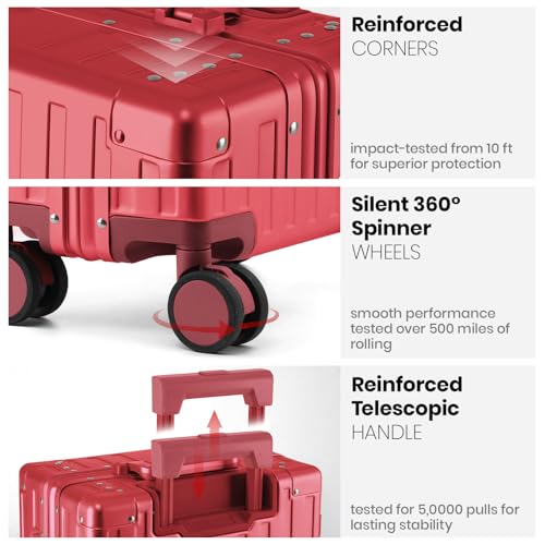 Image of 20 Inch Premium All Aluminum Carry On Luggage 22x14x9 Airline Approved Zipperless Hard Shell Suitcase with TSA Lock Silent Spinner Wheels for Business Travel,Red