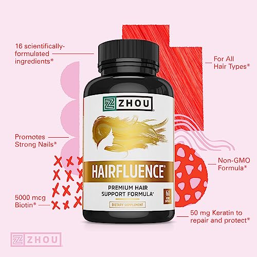 Zhou Hairfluence | Premium Hair Growth Formula Capsule For Longer, Stronger, Healthier Hair | Biotin, Collagen, Keratin, B Vitamins, Bamboo Extract | For All Hair Types | 60 Vegcaps #TOP3