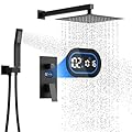 Shower Faucet Set with Hydro Power Temperature Display, Shower System Bathroom 12 Inches Shower Head with Handheld Spray, Wall Mounted Shower Fixtures with Shower Valve and Trim Kit, Matte Black