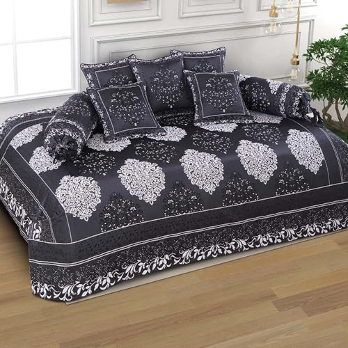 Image of Victor Styria Satin Geometrical Diwan Set 8 Pieces | Poly Cotton Diwan Cover Set with 2 Bolster Covers & 5 Cushion Covers Set for Living Room | Black & White 60x90 Inch