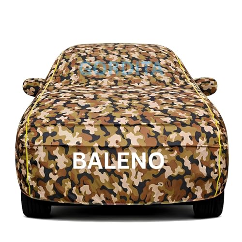 Image of Waterproof Car Body Cover for Baleno All Weather Protection Comes with Inner Cotton Lining & Triple Stitched with Mirror & Antenna Pocket Belt & Elastic Fit Army with Yellow Piping2
