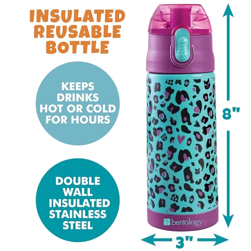 Image of Bentology Stainless Steel 13 oz Reusable Water Bottle for Kids, Cheetah - Double Wall Insulated, Spill Proof Lid w /Built-in Straw- Keep Liquids Hot or Cold For Hours- Fits in Lunch Boxes & Bags