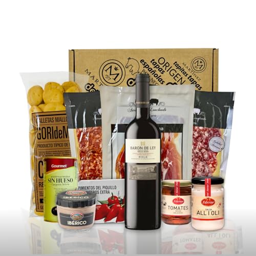 Cesta de regalo gourmet española: jamón ibérico, chorizo, pata negra, barón de Ley Reserva y otras especialidades