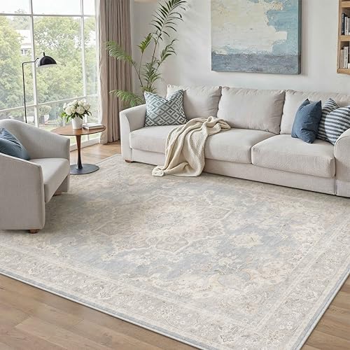 Blue 6x9 Area Rug for Living Room Washable Vintage Large Carpet Non Slip Low Pile Indoor Bedroom Soft Retro Oriental Medallion Accent Throw Rug for Ki
