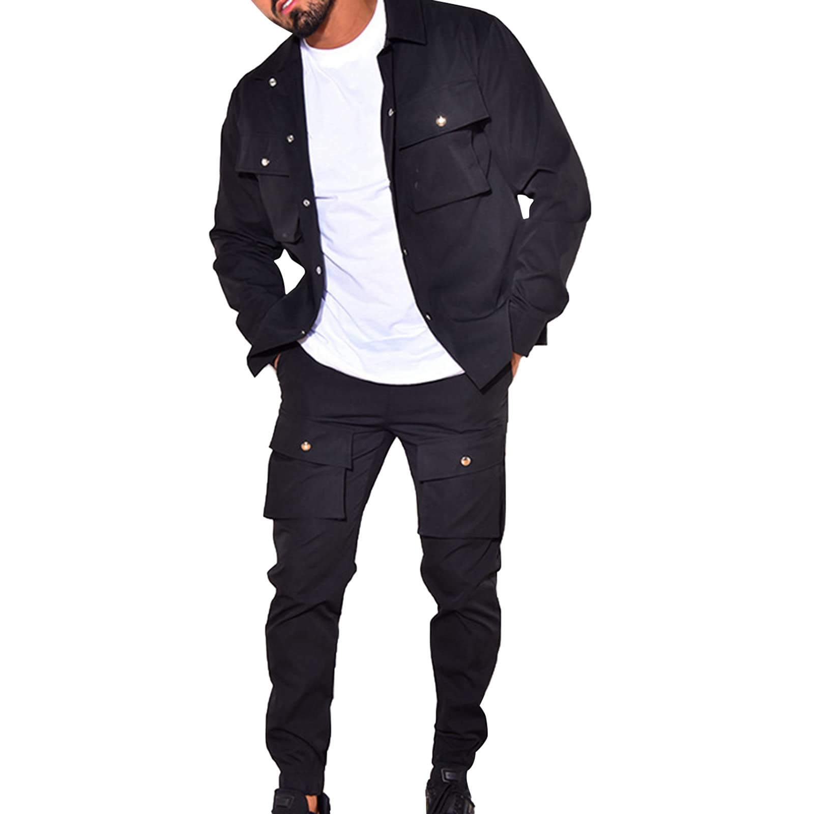 Vestito Elegante Completo Estivo Pantaloni Cargo Casual da Uomo Pantaloni da Trekking Pantaloni da Jogging da Allenamento Pantaloni della Tuta Camicia con Colletto rovesciato Abito Completo Vestito