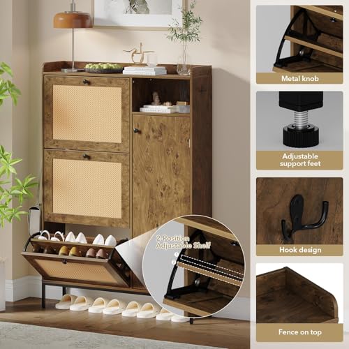 Image of Rattan Wooden Shoe Cabinet, Freestanding 3-Flip Drawer Shoe Storage Organizer, Side Cabinet & Top Fence, Easy Assembly Shoe Rack for Entryway Hallway Living Room, Tree Pomegranate