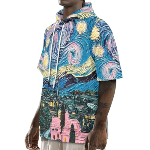 GLUDEAR Mens Short Sleeve Hoodies Paint Print Drawstring Pocket Workout Pullover Hooded Sweatshirt T-Shirts3