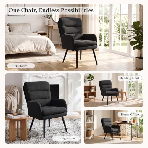 Image of Comfy Accent Chair Set of 2 Modern Boucle Living Room Chair,Black | Upholstered High Back Armchair with Padded Seat, Cozy Reading Lounge Chair with Black Metal Legs for Bedroom, Small Space