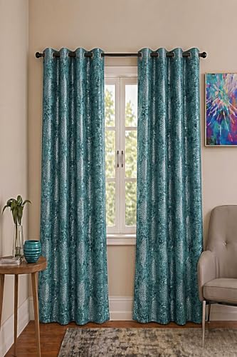 Image of HUTI 7 feet Sea Bue Door Curtain Set of 2 | Semi-Transparent Leaf Printed Curtain | Soft Knitted Polyester | Eyelet Door Curtain for Living Room & Bedroom 4x7 ft (120 x 213 cm) | Best for Home Decor