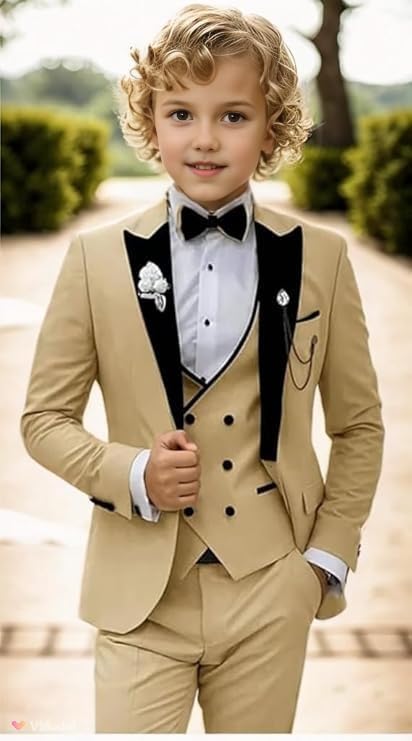 Miniatura 2 de ProPoFol Boys Suit Set 3 Piece Slim Fit Boys Tuxedo Peak Lapel Suits for Kids Formal Prom Blazer Pants Vest with Bowtie