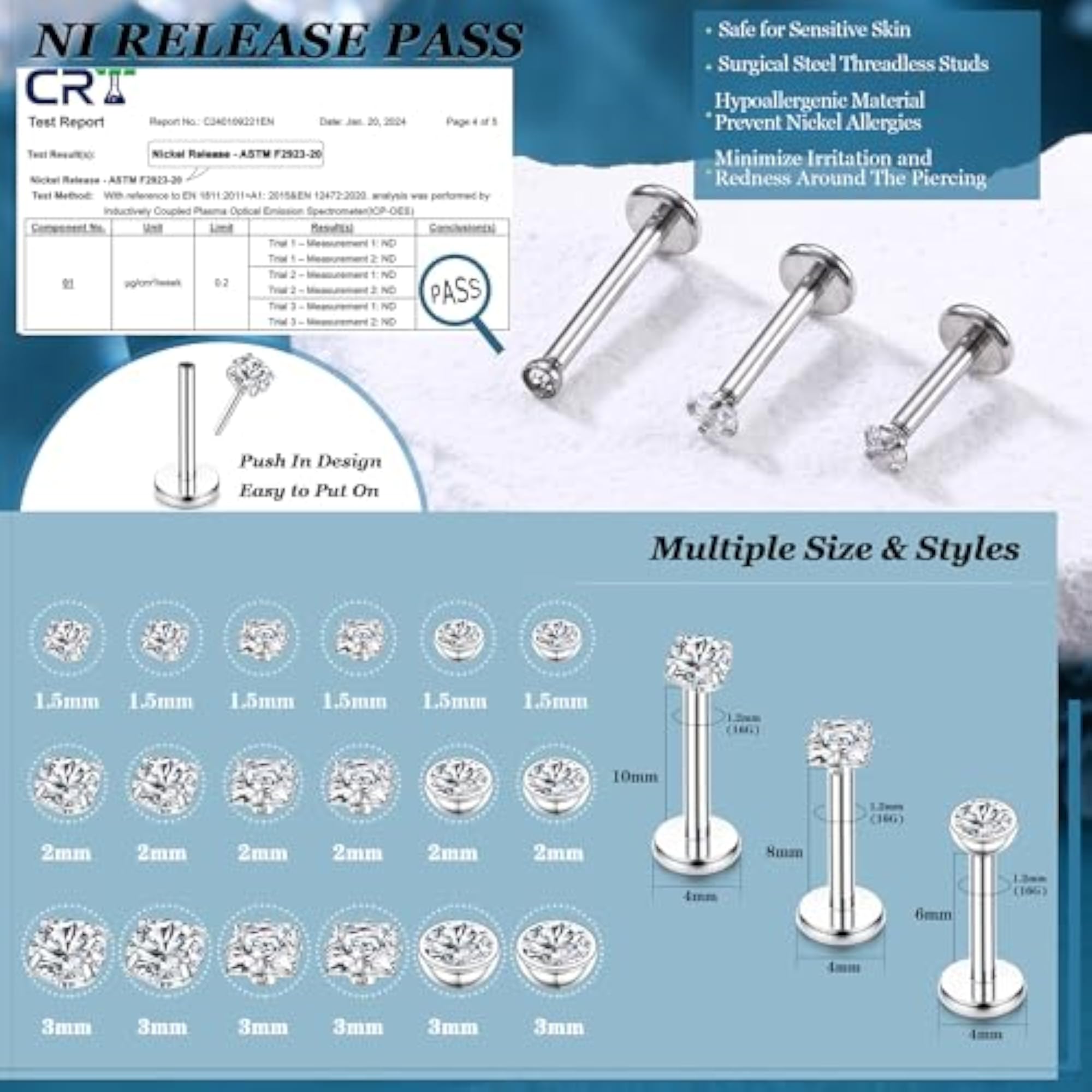 18pcs Surgical Steel CZ Ear Piercing Labret Nose Rings Set