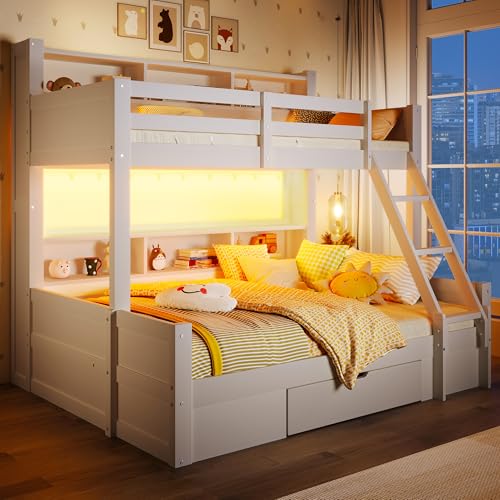 Ktipm Litera de 90(140) x200 cm con Luz LED y Compartimentos Abiertos, Cama Litera Matrimonio con Cajón y Escalera, Cama Infantil Literas Infantiles con Barandilla Anticaída, Sin Colchón, Blanco