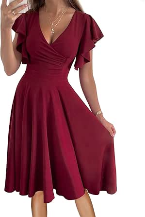 DGHBVS Women's Cocktail Dress Wrap V Neck Ruffle Short Sleeve A Line Work Formal Wedding Guest Midi Dress with Pockets