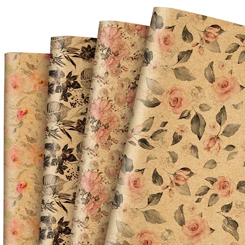 Whaline 12 Sheet Retro Floral Wrapping Paper -Not Roll- Vintage Flower Kraft Gift Wrap Paper Folded Flat Decorative Art Papers for Birthday Baby Shower Wedding DIY Crafts Gift Packing