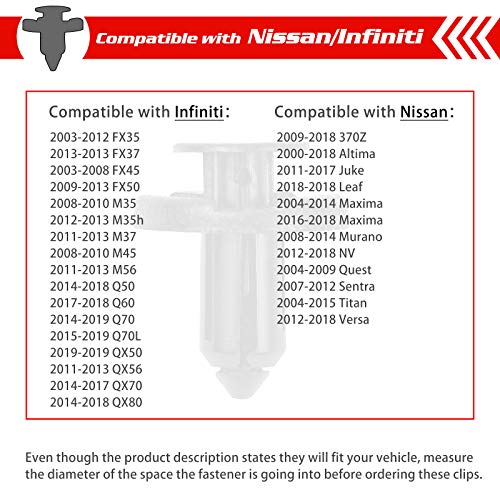Image of OTUAYAUTO 100Pcs Front Bumper & Radiator Support Retainer Clips Plastic Push Fender Liner Clip 11296-AG000-8mm Hole Compatible with Nissan Maxima Versa Altima & Infiniti - 01553-09321