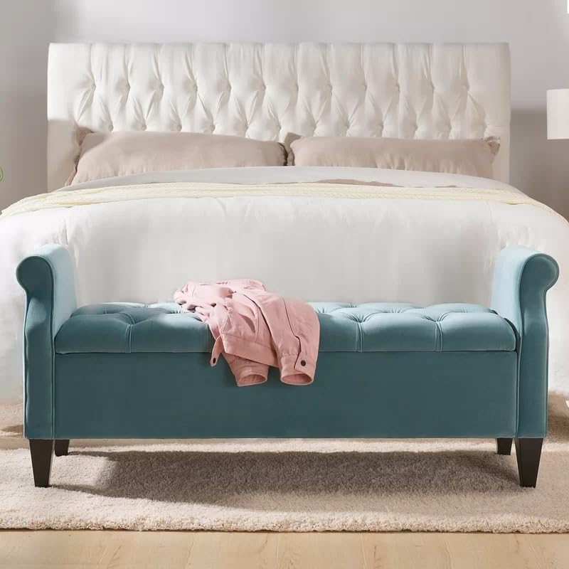 Image of Velvet Storage Ottoman Bench with Rolled Arms | Tufted Upholstered Sofa Bench with Hidden Storage | End of Bed Bench for Bedroom Living Room Entryway Seating | Modern Lounge Footrest Seat|Teal Green