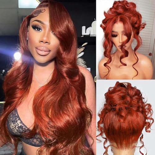 Reddish Brown 360 Lace Front Wigs Human Hair Body Wave 200% Density, 20' Auburn Brown, Glueless Ginger Red
