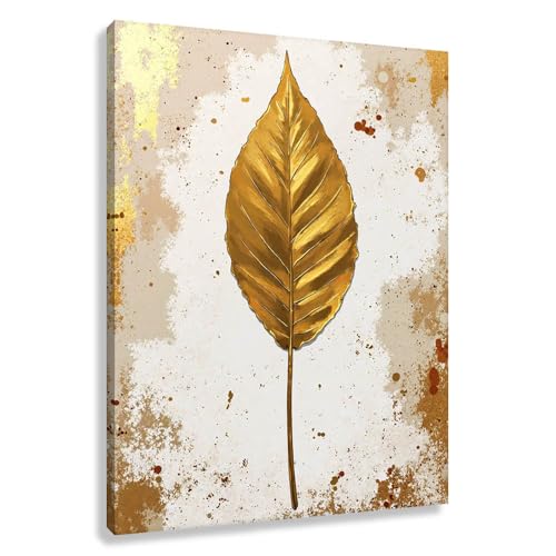 Novup Bathroom Wall Art – Golden Leaf Canvas Print Decor