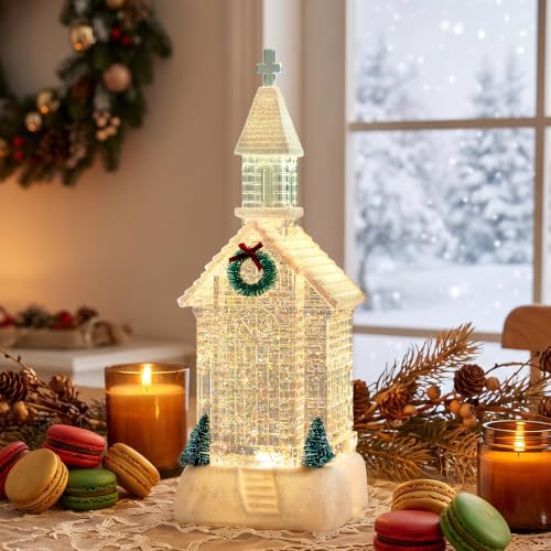 12" Lighted Christmas Church Snow Globe with Music & 6H Timer, Sparkling Crystal Water Chapel Lantern with Cross & 8 Songs, USB/Battery Operated White Holiday Village Mantel Table Decor Gift