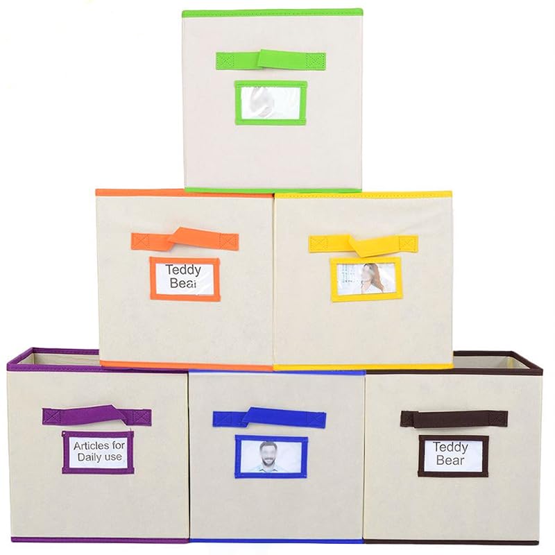 IKEBANA Foldable Fabric Storage Cubes 11 inch MultiColor Handle with Label Holders, Drawers Storage Cubes Set of 6, Cube Storage Bins for Organizing Shelves Closet Toy Clothes
