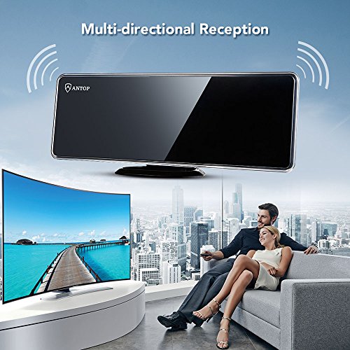 ANTOP AT-202B Flat-Panel Smartpass Amplified TV Antenna HD Indoor Usage with Built-in 4G LTE Filter 40/50 Mile Range Multidirectional Digital TV Antenna, 10' Cable, 4K UHD Ready, Piano Black