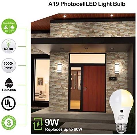 hykolity 4 Pack Dusk to Dawn A19 LED Light Bulb 60 Watt Equivalent, Auto On/Off Photocell Light Sensor Bulb, 9W, 800LM, 5000K Daylight, E26 Base, Non-Dimmable, UL Listed