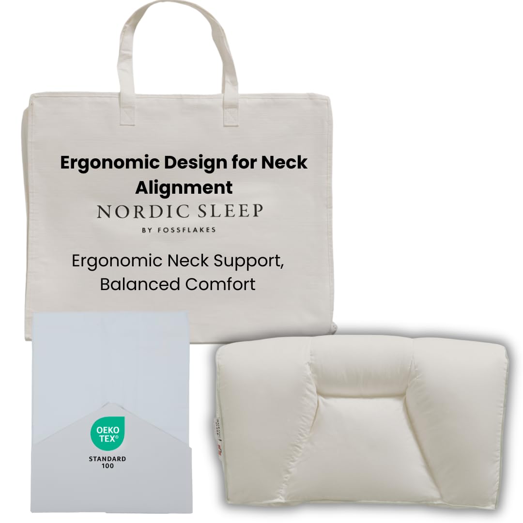FOSSFLAKES Chiropraktyczna Poduszka Na Kark Z Pokrowcem, Poduszka Przeciw Chrapaniu, Ergonomiczna Poduszka Z Antyalergiczną Wyściółką Z Płatków Średniej, Pianka Memory, Rozmiar 58 x 34 x 13 cm | Ergonomiczna poduszka pod kark i ramiona – poduszka opracowa