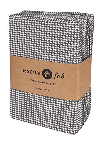 Native Fab Houndstooth Vintage Cloth Dinner Napkins Set of 12 Cotton 18x18 Soft Absorbent Restaurant Hotel Quality - Everyday Easy Care Washable Wedding Dinner Napkins Bulk - Grey