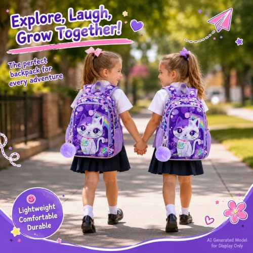 KLFVB Girls Toddler Cat Backpack, Water Resistant Sequins Kindergarten Bookbag, 13" Preschool Backpacks for Little Kids - Cat Purple by KLFVB - Used condition - Image 5