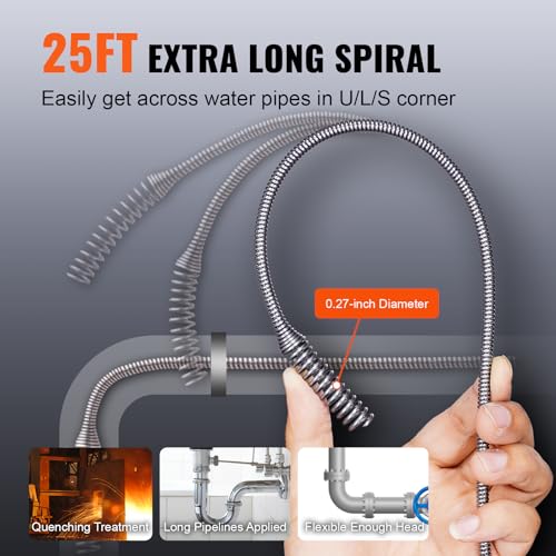 VEVOR 12V Electric Drain Auger, 25FT Cordless Plumbing Snake Auto Feed, Pipeline Snake Drain Clog Remover with Power Drill for 3/4"-2" Pipes, 2.0Ah Battery and Charger Included by VEVOR - Image 3