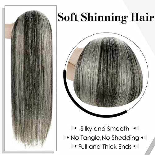 LaaVoo Ombre Clip in Hair Extensions Off Black Fading to Silver Grey 22inch Balayage Clip in Extensions Remy Human Hair Silky Straight Full Head Set 7pcs 120g