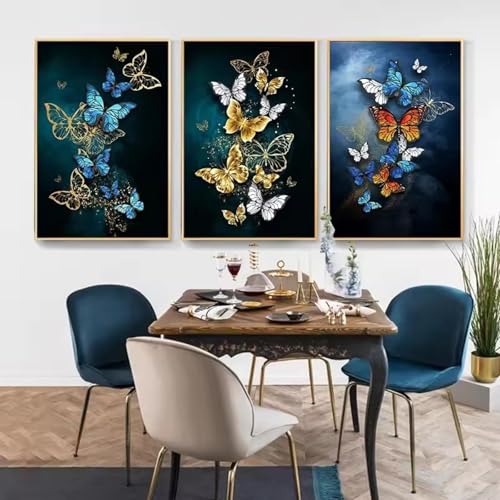 Peinture pour salon moderne avec trois toiles de papillons abstraits