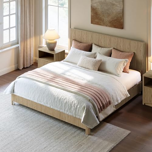 Image of Evermagin Oak King Bed Frame with Headboard, Mid Century Modern Fluted Platform Bed, Boho Wooden Bed Base No Box Spring Needed, Wavy Grooved Panel