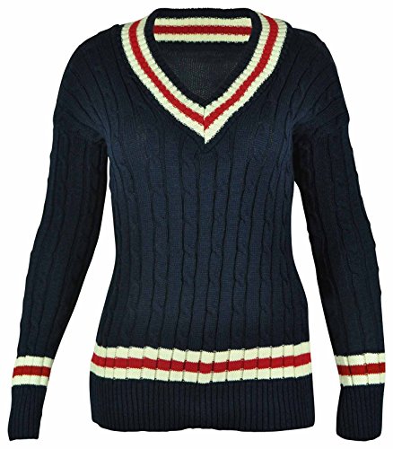 New Ladies V Neck Cable Knitted Cricket Jumper Womens Stretch Long Sleeve Stripe Top Navy Size 12 – 14