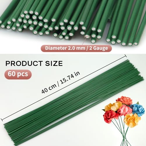 floral wire stems 60 pack flower stems 2 gauge green floral stem wire for paper wrapped wreath making supplies