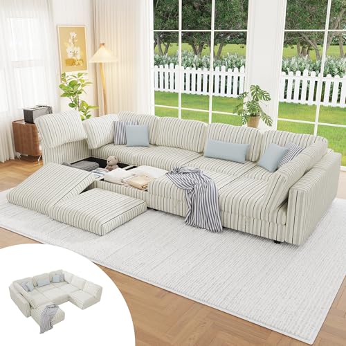 Image of 128 inch Cotton Linen Modular Sectional Sofa Bed with Hidden Storage, 8 Seat Convertible L U Shaped Sleeper Couch with Ottoman Chaise, Farmhouse Modular Sectional Couch with Removable Cover for LivingRoom