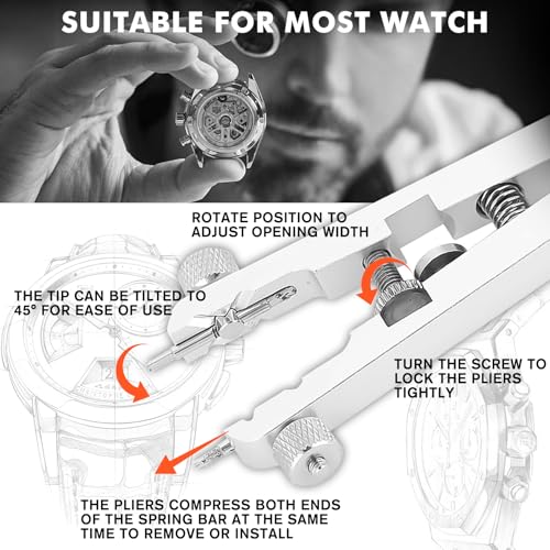 Image of Watch Spring Plier Tool Kit Watch Band Pliers with 10 Tips Pin Bar Tweezers Tool for Disassembling and Replacing Watch Wristbands (Silver)