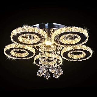 Finktonglan Crystal LED Ceiling Light Flush Mount 5 Rings Stainless Steel Pendant Lamp Modern Chandelier Lighting Fixture for Foyer Living Room Dining Room (Warm White)