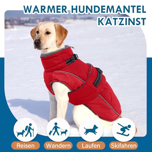 Katzinst Hundejacke Winter Schwarz L, Fleece Wintermantel Hunde mit Hohem Fleece-Kragen, Hundemantel mit Bauchschutz, Warmer Hundemantel Wasserbeständig für Dalmatiner, Cocker Spaniel, Rot, L