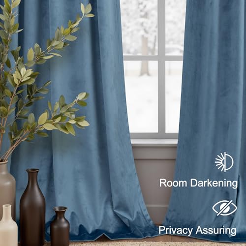 Image of Stone Blue Velvet Curtains 102 Inch Long 2 Panels Soft Heavy Heat Blocking Noise Reducing Room Darkening Window Drape for Bedroom Living Room Dining Custom Made Length Mid Century Modern Vintage Decor