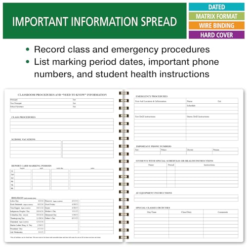 Elan Publishing Company HARDCOVER 7 Period Dated Teacher Lesson Plan; Days Horizontally Across The Top Dated for 2024-2025 Academic Year with Bonus Clip-in Bookmark (Tree Seasons)