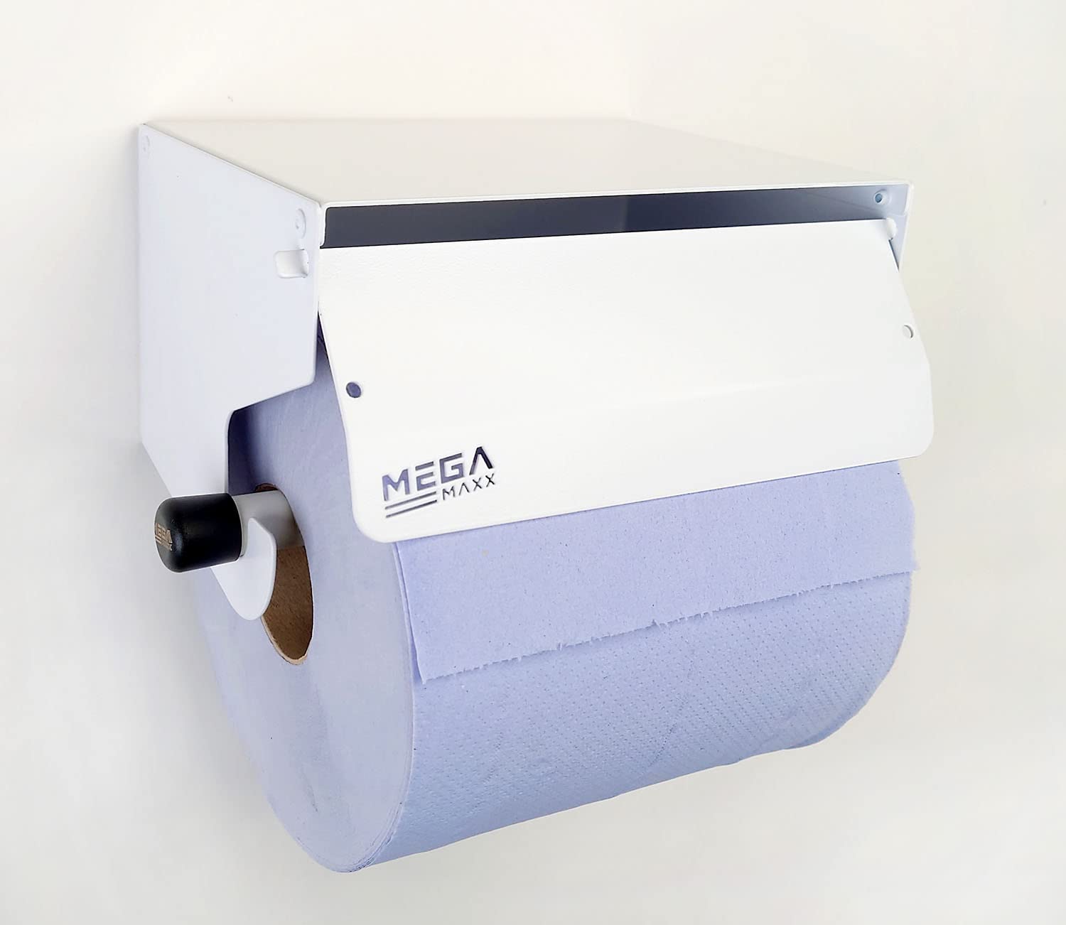 Megamaxx White Heavy Duty Metal Wall Mounted 220 Mm Blue Roll, Paper Towel Holder - Galvanised Dispenser With Roller Cover For Restroom, Sanitation And Office - (225X125x162 Mm)