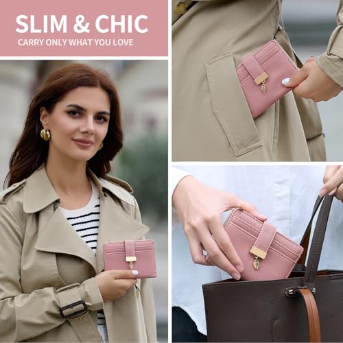 Image of Pomelo Best Small Wallet Women Bifold Soft Leather Card Holder with ID Window Zipper Coin Pocket Wallets for Women Pink
