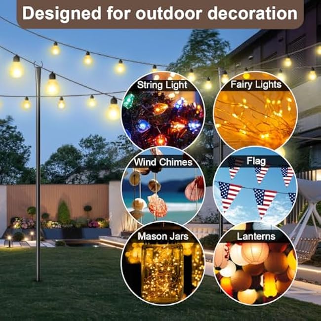 6 Pack 10FT String Light Poles for Outdoor,Metal Lights Hanging Pole Outside with Fork,Light Stand for Patio, Pergola, Garden, Backyard, Yard, Camping Party