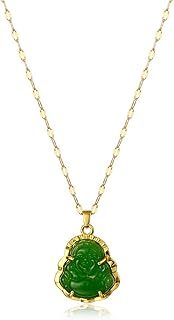 Smiling Laughing Buddha Pendant Green Jade Buddha Necklace Gold Color Link Chain Iced Out Bling Crystal Guanyin Amulet Necklace for Women Mom Jewelry